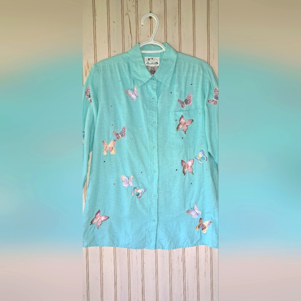 Ladies The Quaker Factory Embroidered Butterfly Teal Button Front Top Med